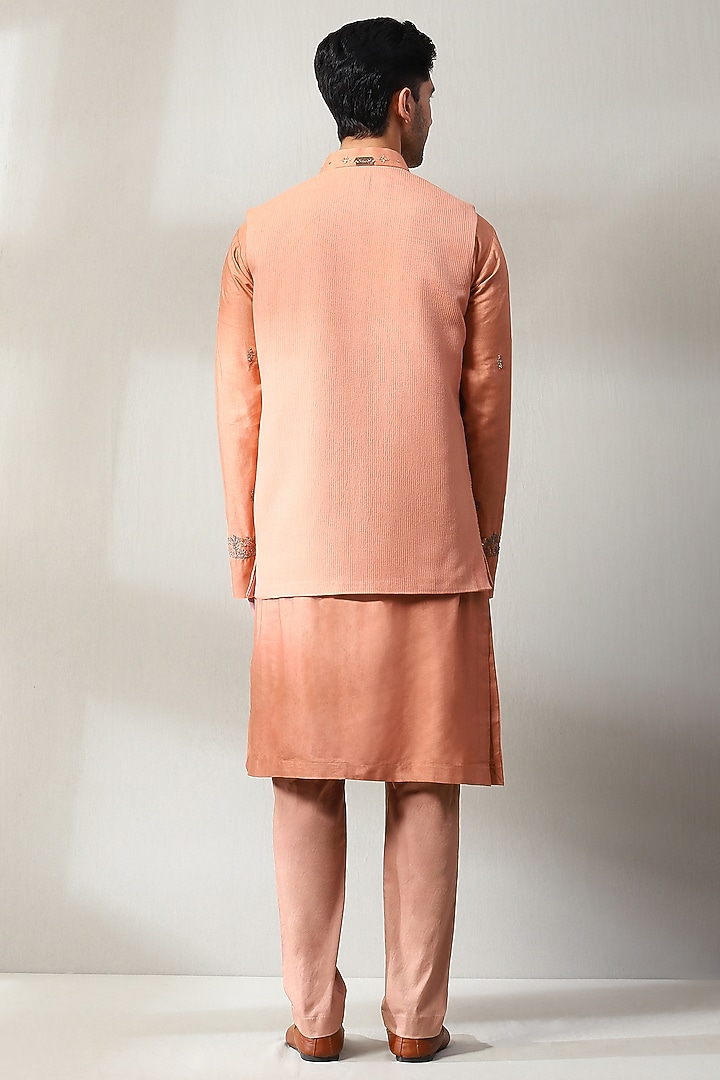 Peach Silk Hand Embroidered Wedding Indowestern Set by Soniya G Men at Pernia's Pop Up Shop