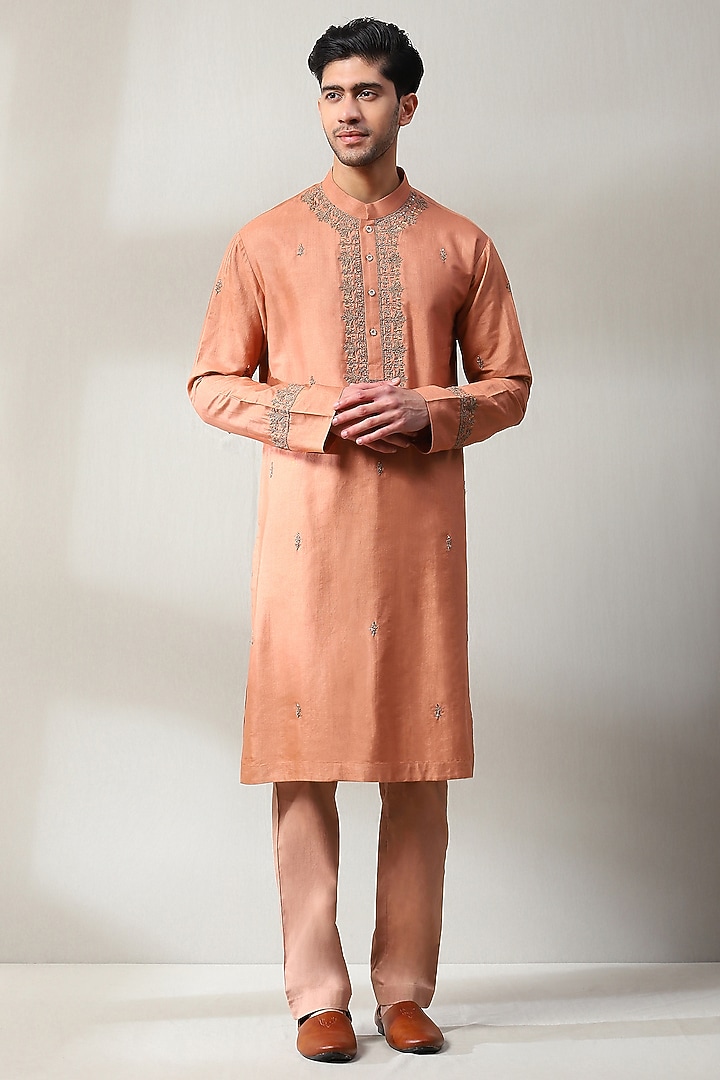 Peach Silk Hand Embroidered Wedding Indowestern Set by Soniya G Men at Pernia's Pop Up Shop