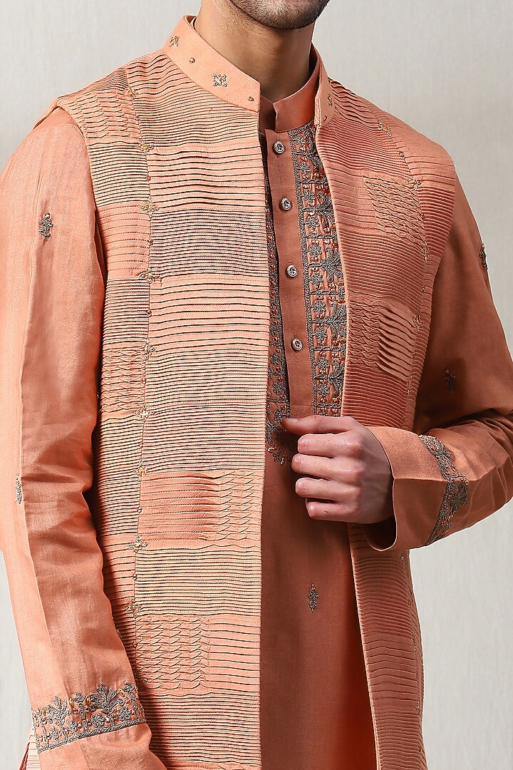 Peach Silk Hand Embroidered Wedding Indowestern Set by Soniya G Men at Pernia's Pop Up Shop