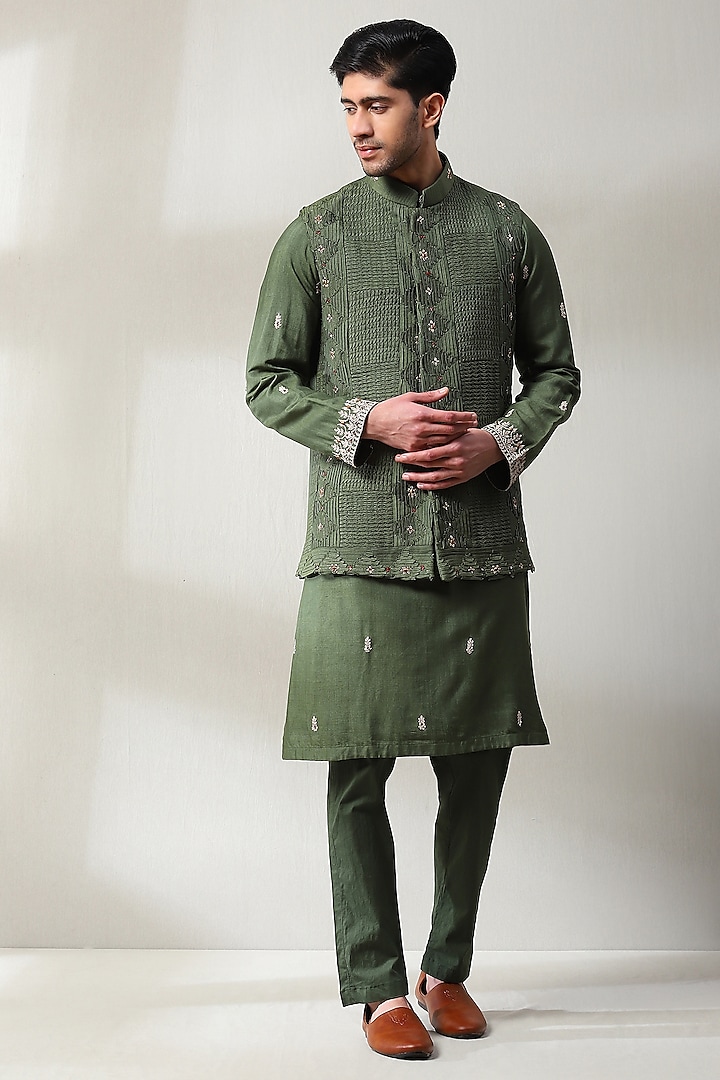 Mehendi Green Silk Hand Embroidered Nehru Jacket Set by Soniya G Men