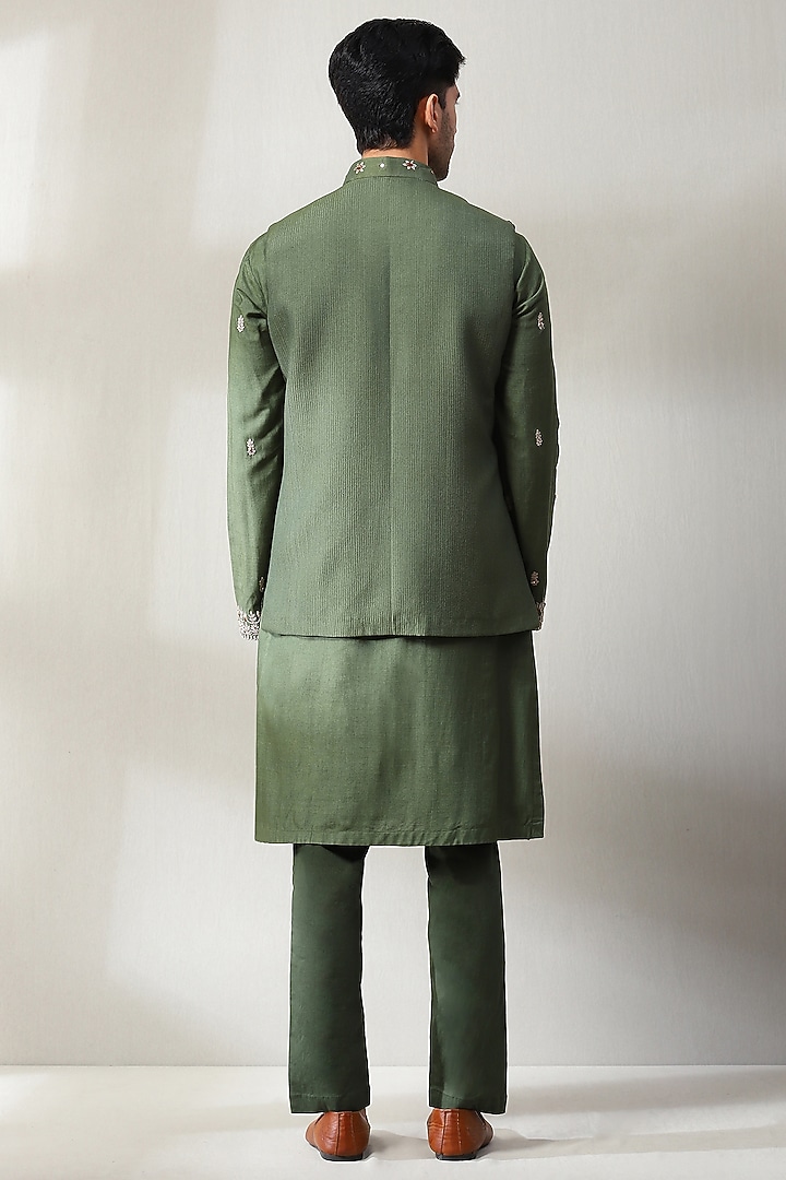 Mehendi Green Silk Hand Embroidered Nehru Jacket Set by Soniya G Men at Pernia's Pop Up Shop