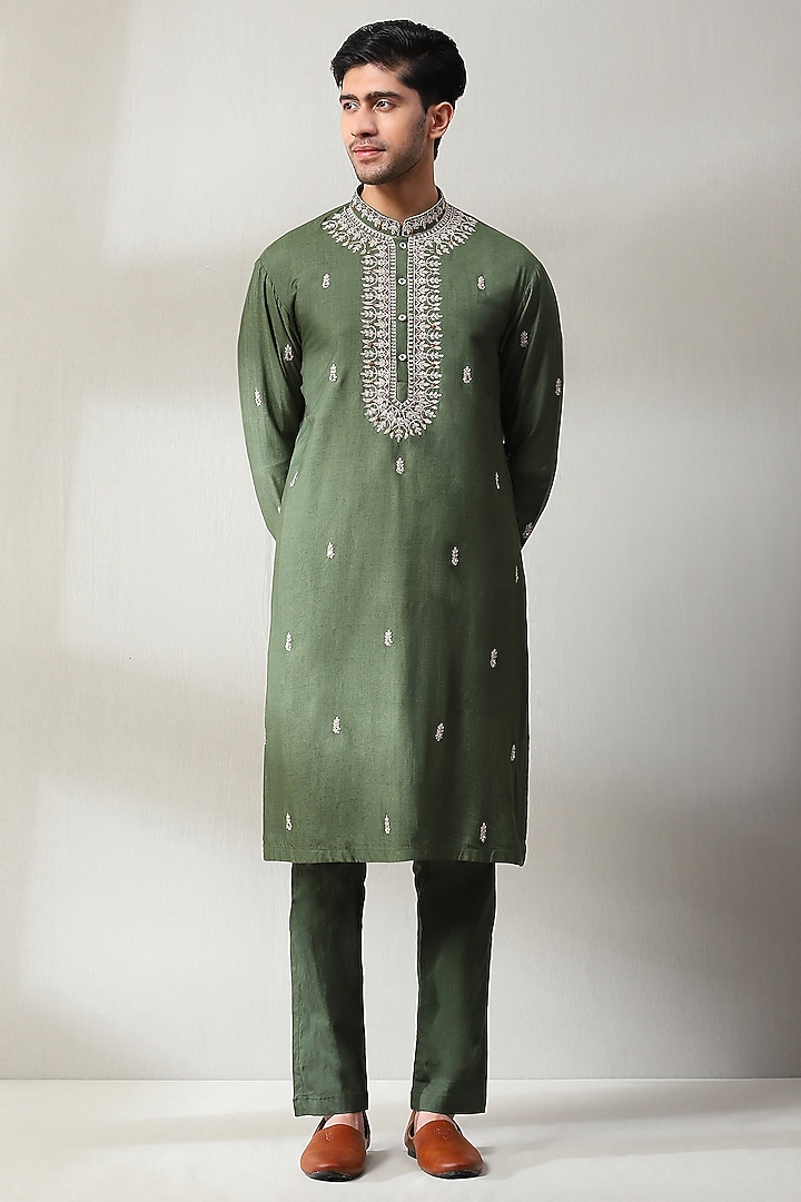 Mehendi Green Silk Hand Embroidered Nehru Jacket Set by Soniya G Men at Pernia's Pop Up Shop