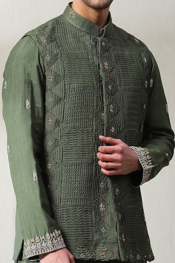 Mehendi Green Silk Hand Embroidered Nehru Jacket Set by Soniya G Men at Pernia's Pop Up Shop