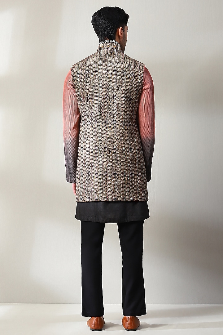 Black & Multi-Colored Silk Foil Printed Wedding Indowestern Set by Soniya G Men at Pernia's Pop Up Shop