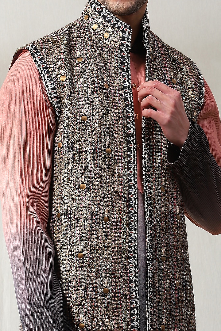 Black & Multi-Colored Silk Foil Printed Wedding Indowestern Set by Soniya G Men at Pernia's Pop Up Shop