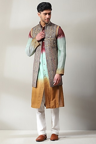 Multi-Colored Silk Foil Printed Indowestern Set by Soniya G Men
