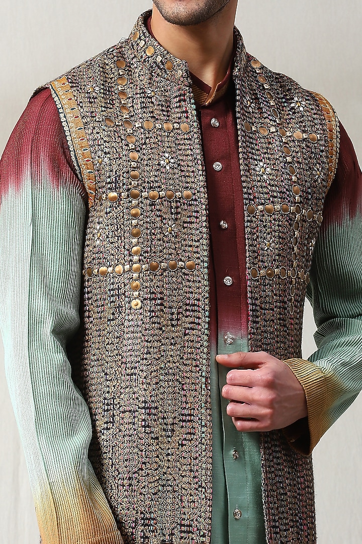 Multi-Colored Silk Foil Printed Wedding Indowestern Set by Soniya G Men at Pernia's Pop Up Shop