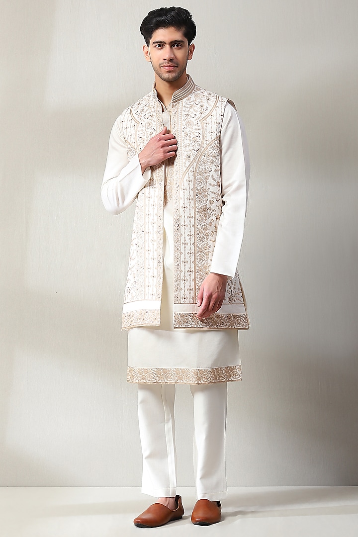 Off-White Silk Thread Work Indowestern Set by Soniya G Men
