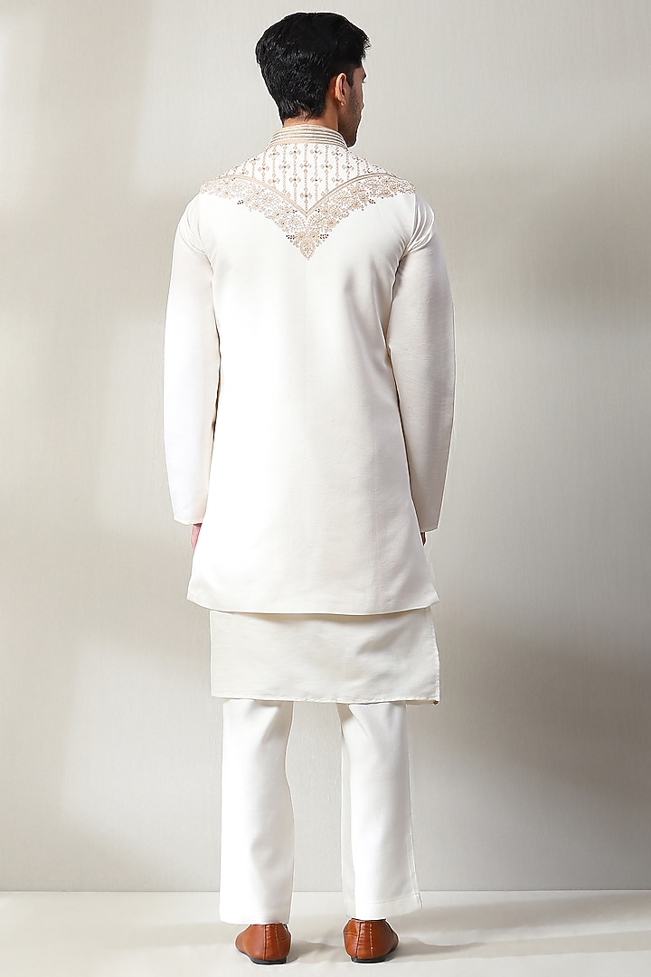 Off-White Silk Thread Work Wedding Indowestern Set by Soniya G Men at Pernia's Pop Up Shop