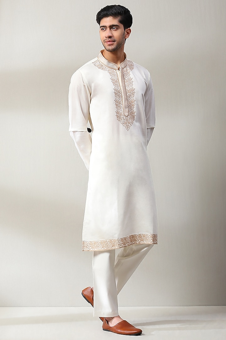 Off-White Silk Thread Work Wedding Indowestern Set by Soniya G Men at Pernia's Pop Up Shop