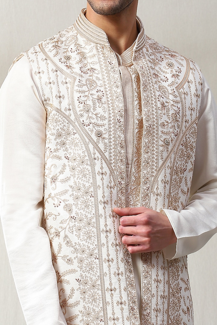 Off-White Silk Thread Work Wedding Indowestern Set by Soniya G Men at Pernia's Pop Up Shop