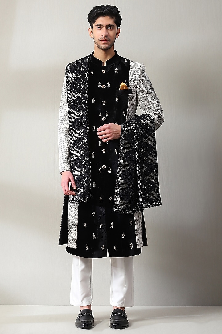 Black & Grey Velvet Hand Embroidered Sherwani Set by Soniya G Men