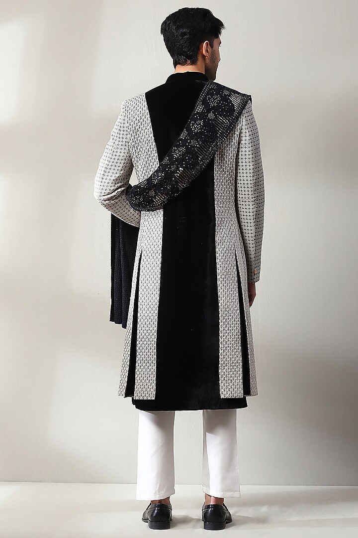 Black & Grey Velvet Hand Embroidered Groom Sherwani Set by Soniya G Men at Pernia's Pop Up Shop