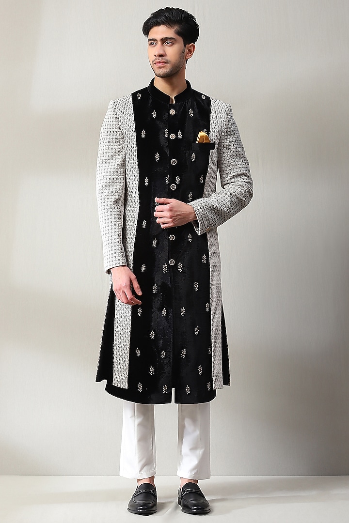 Black & Grey Velvet Hand Embroidered Groom Sherwani Set by Soniya G Men at Pernia's Pop Up Shop