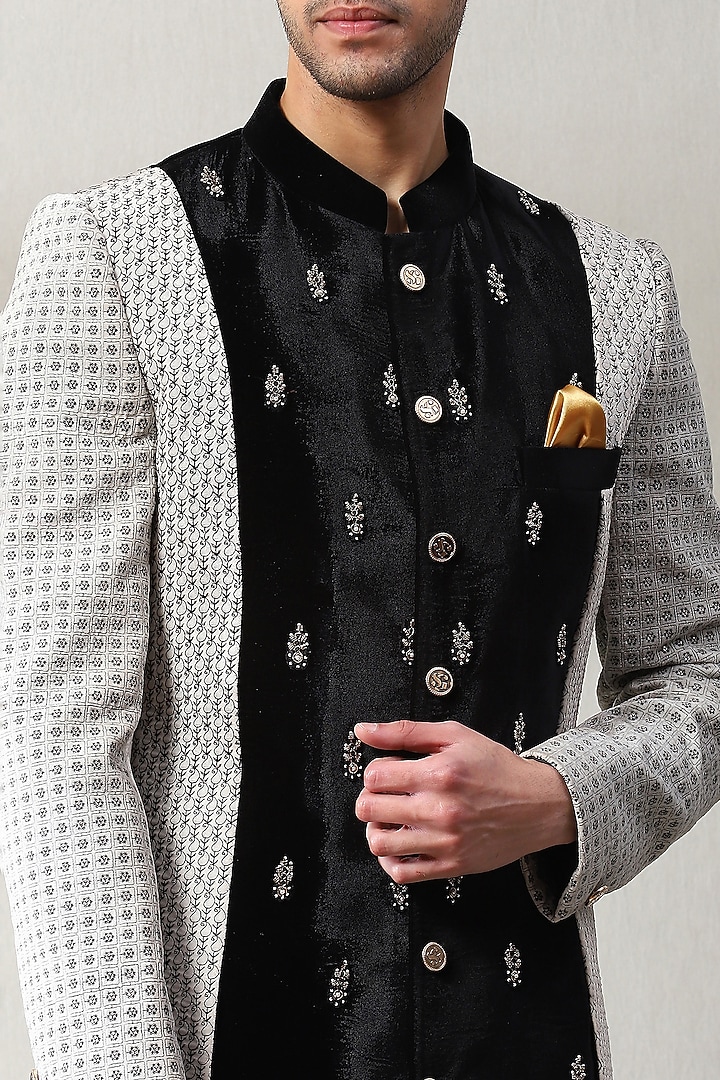Black & Grey Velvet Hand Embroidered Groom Sherwani Set by Soniya G Men at Pernia's Pop Up Shop