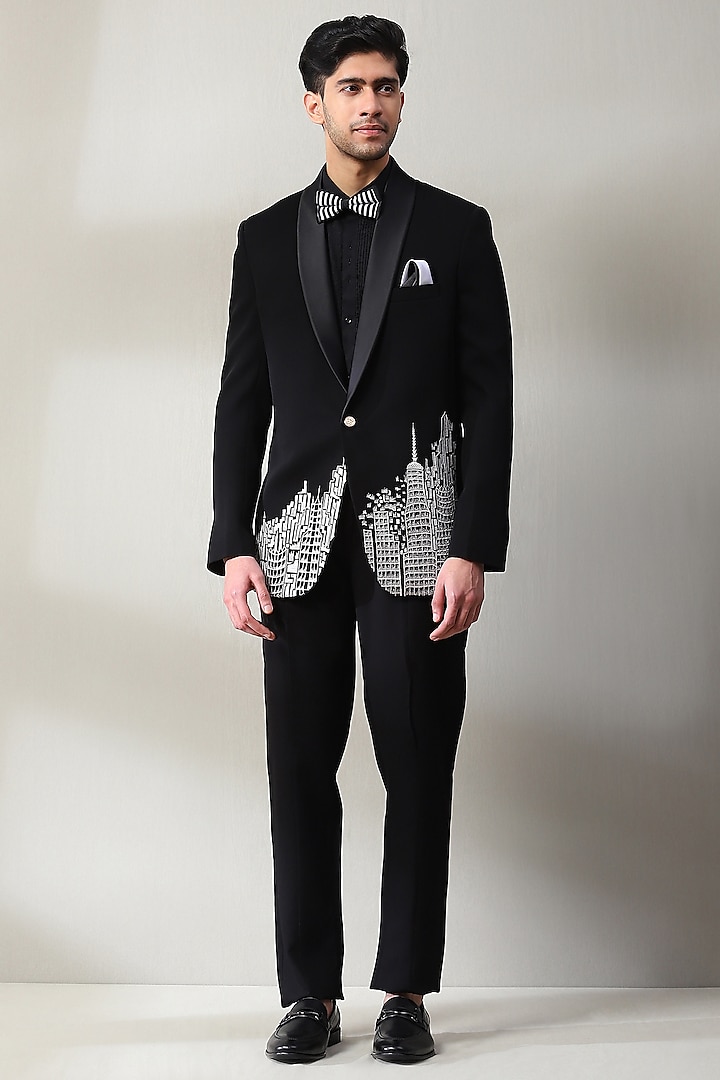 Black Dublin Fabric Hand Embroidered Tuxedo Set by Soniya G Men at Pernia's Pop Up Shop