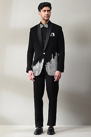 Black Dublin Fabric Hand Embroidered Tuxedo Set by Soniya G Men