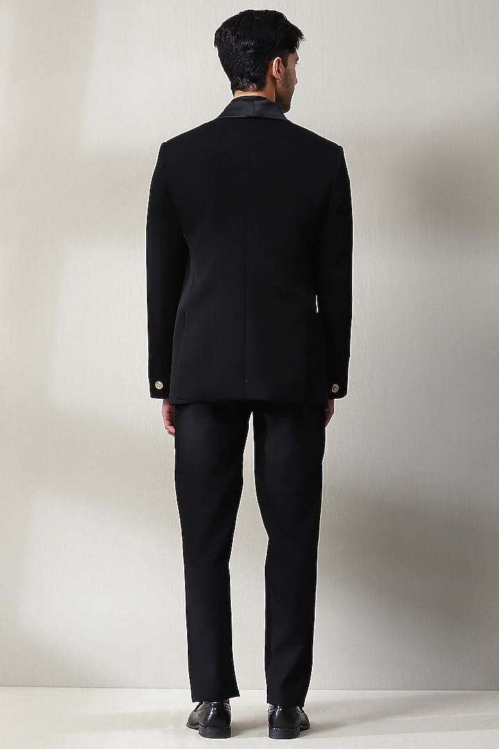 Black Dublin Fabric Hand Embroidered Tuxedo Set by Soniya G Men at Pernia's Pop Up Shop
