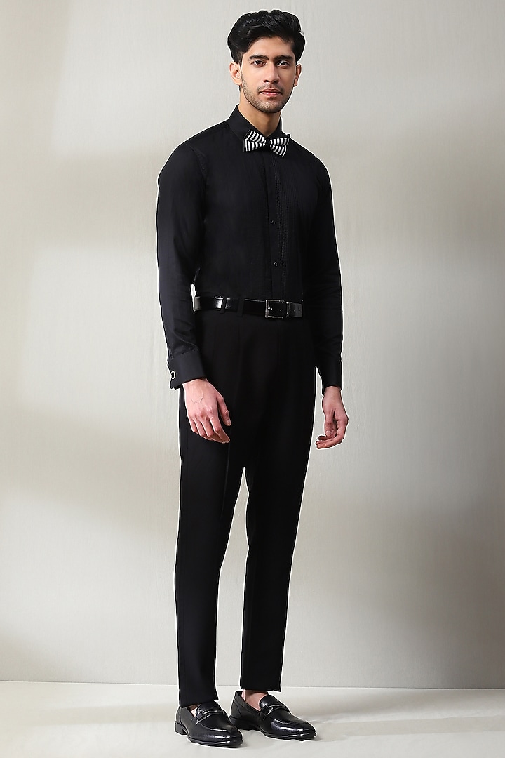 Black Dublin Fabric Hand Embroidered Tuxedo Set by Soniya G Men at Pernia's Pop Up Shop