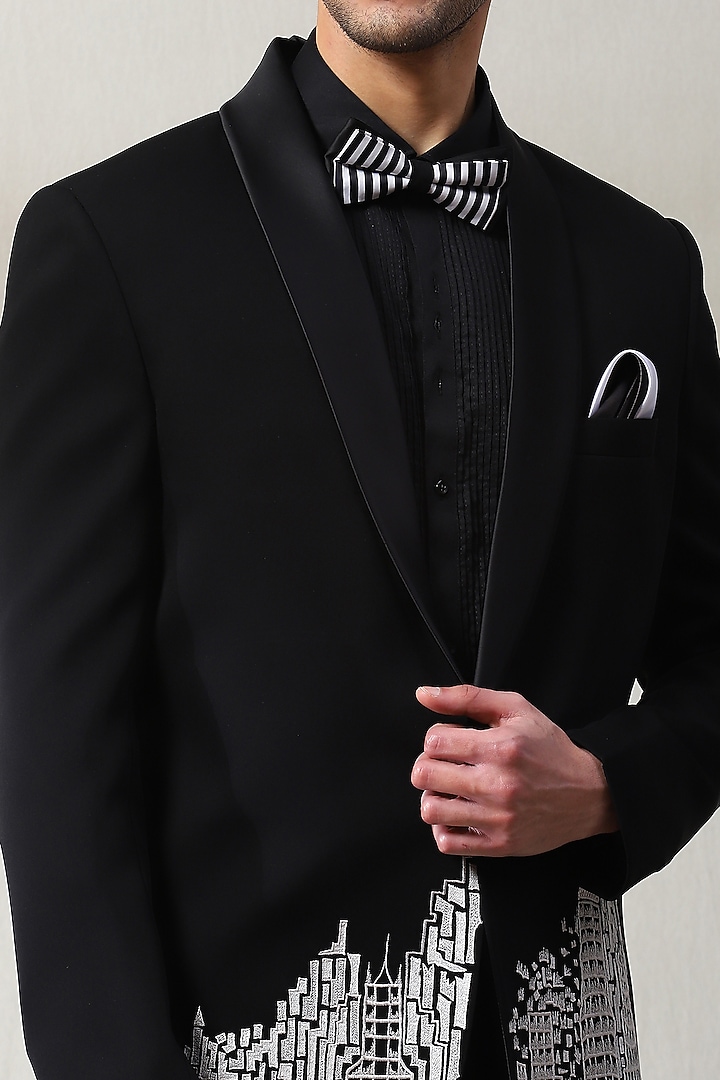 Black Dublin Fabric Hand Embroidered Tuxedo Set by Soniya G Men at Pernia's Pop Up Shop