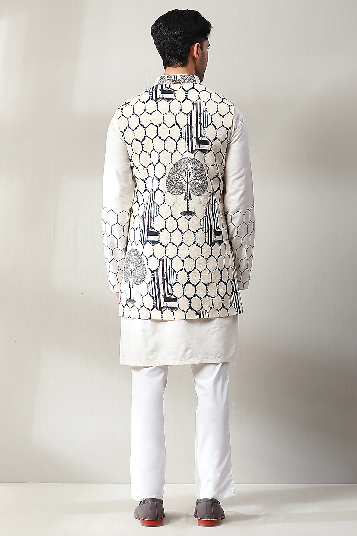 Off-White Handloom Embroidered Wedding Indowestern Set by Soniya G Men at Pernia's Pop Up Shop