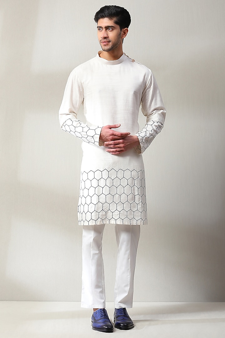 Off-White Handloom Embroidered Wedding Indowestern Set by Soniya G Men at Pernia's Pop Up Shop