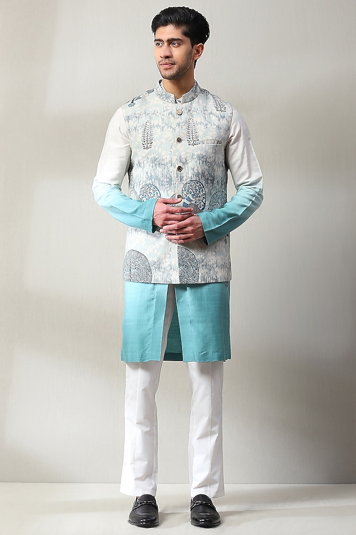 Light Blue Handloom Embroidered Nehru Jacket Set by Soniya G Men