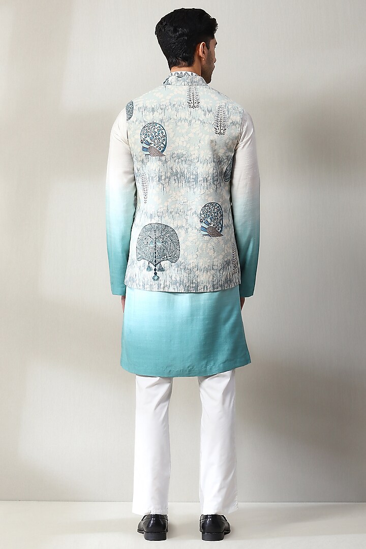 Light Blue Handloom Embroidered Nehru Jacket Set by Soniya G Men at Pernia's Pop Up Shop