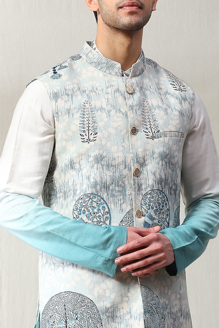 Light Blue Handloom Embroidered Nehru Jacket Set by Soniya G Men at Pernia's Pop Up Shop