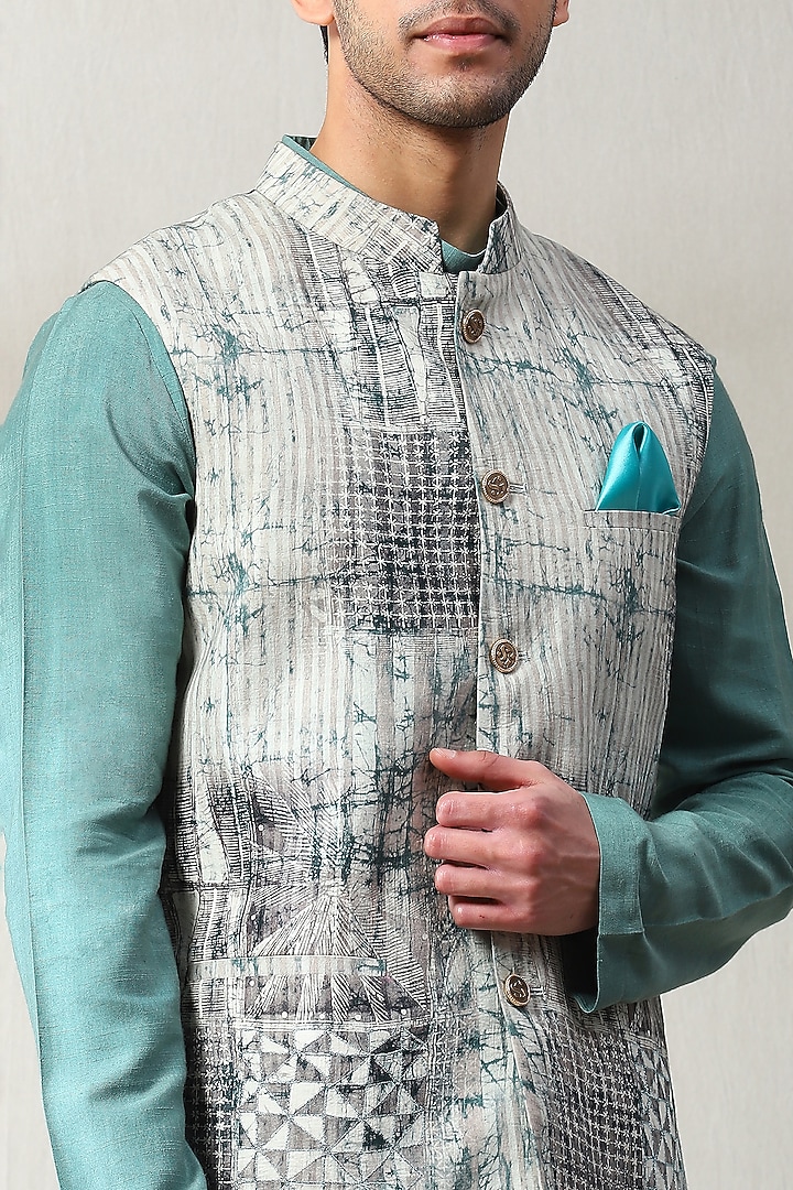 Multi-Colored Handloom Embroidered Nehru Jacket Set by Soniya G Men at Pernia's Pop Up Shop