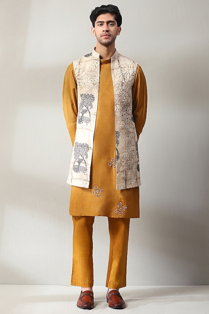 Beige Handloom Embroidered Indowestern Set by Soniya G Men