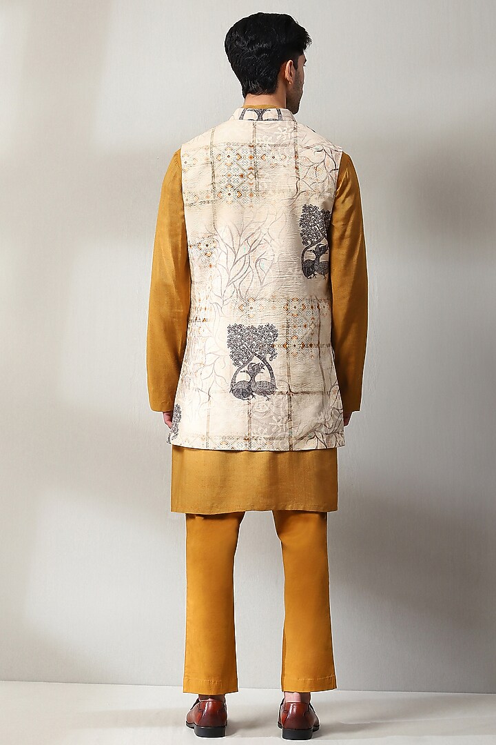 Beige & Mustard Handloom Aari Tilla Embroidered Wedding Indowestern Set by Soniya G Men at Pernia's Pop Up Shop
