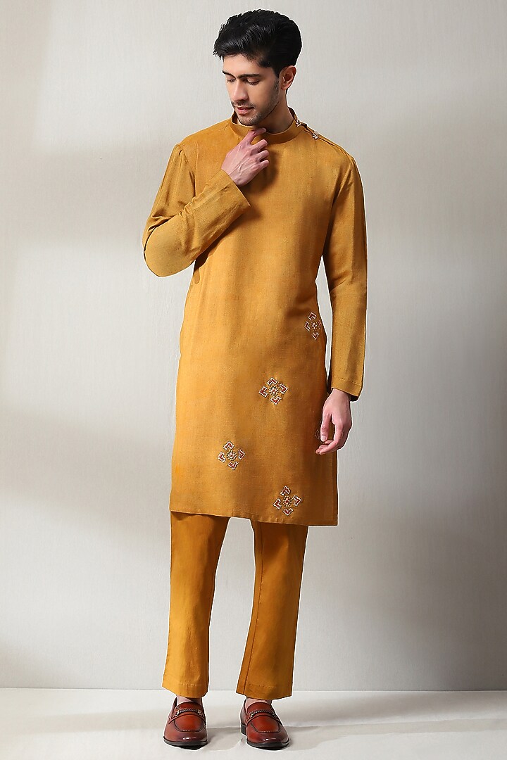 Beige & Mustard Handloom Aari Tilla Embroidered Wedding Indowestern Set by Soniya G Men at Pernia's Pop Up Shop