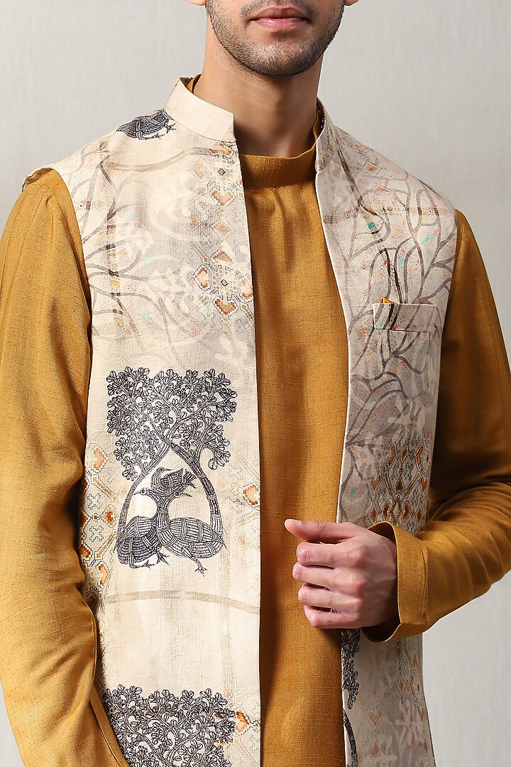 Beige & Mustard Handloom Aari Tilla Embroidered Wedding Indowestern Set by Soniya G Men at Pernia's Pop Up Shop
