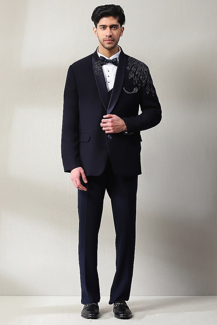 Black Italian Fabric Hnadwork Tuxedo Set by Soniya G Men