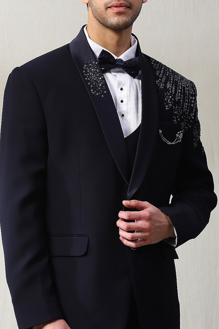 Blue Italian Fabric Handwork Tuxedo Set by Soniya G Men at Pernia's Pop Up Shop