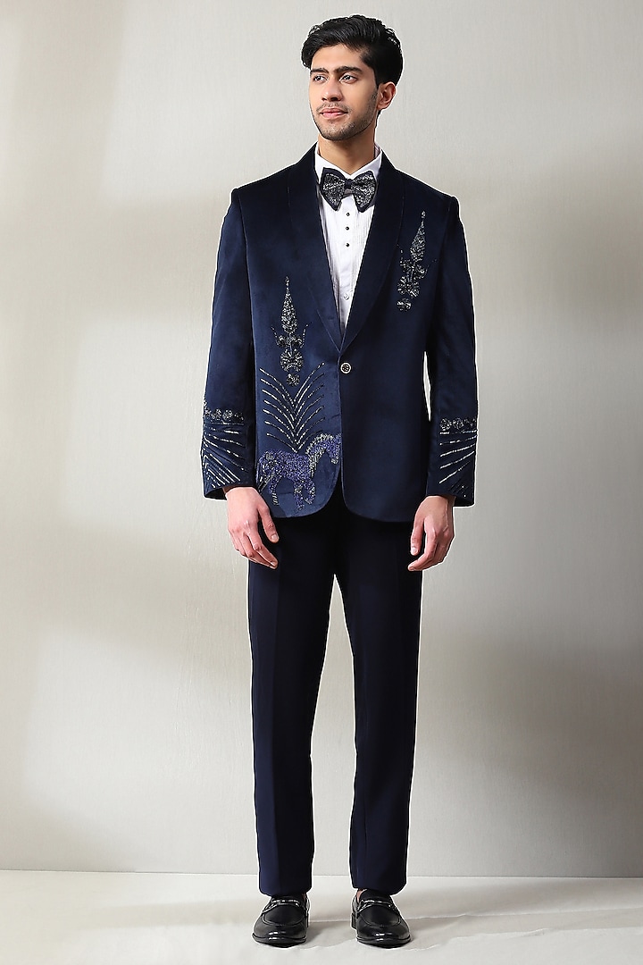 Navy Blue Velvet Silk Handwork Tuxedo Set by Soniya G Men