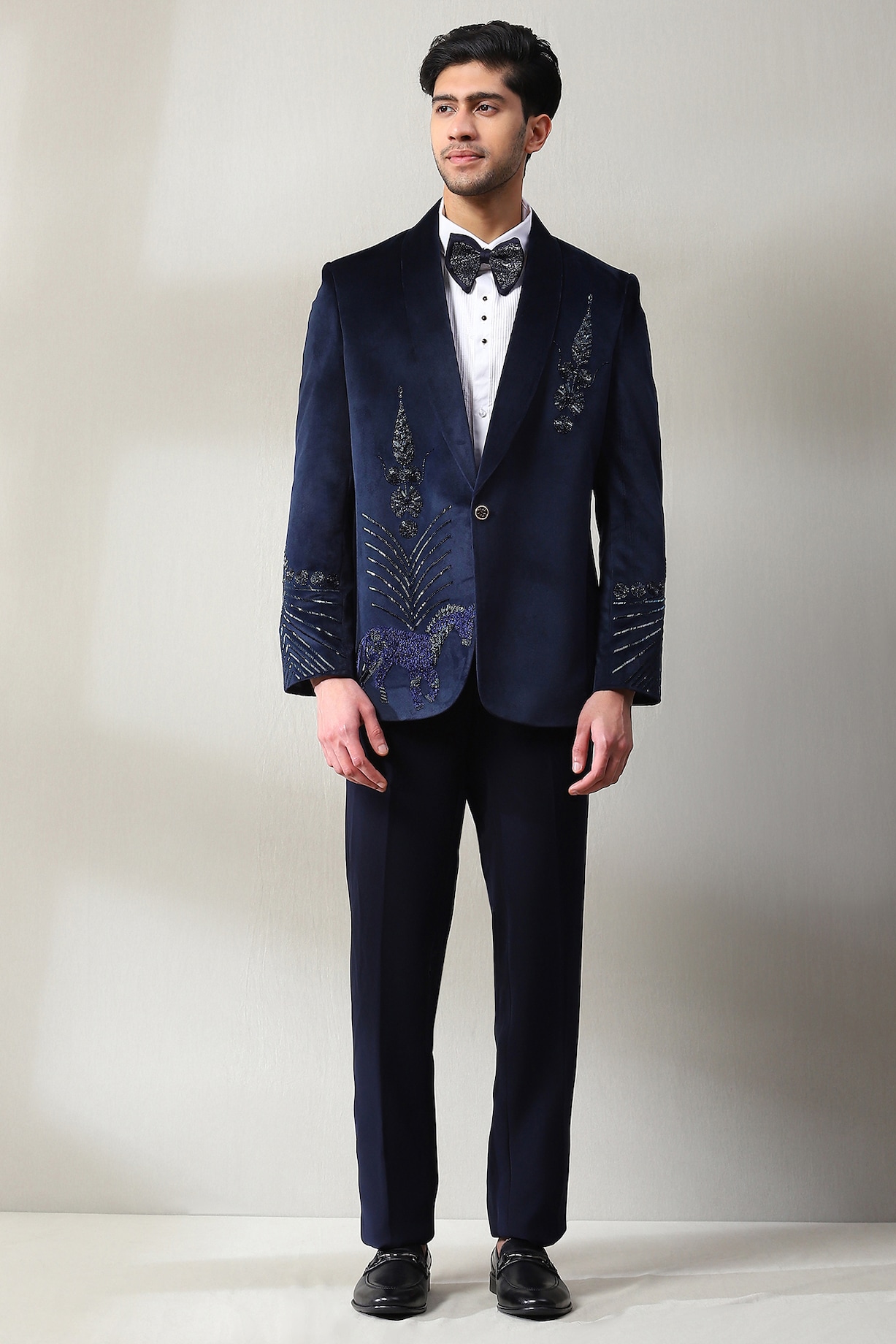 Navy Blue Velvet Silk Handwork Tuxedo Set by Soniya G Men at