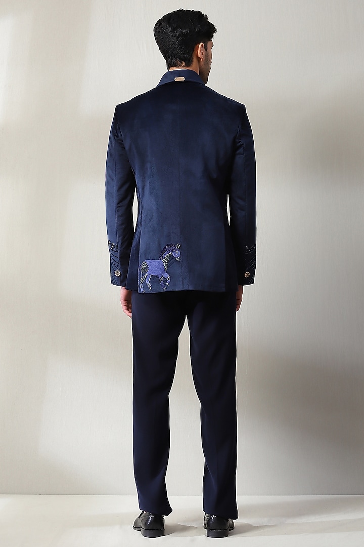 Navy Blue Velvet Silk Handwork Tuxedo Set by Soniya G Men at Pernia's Pop Up Shop