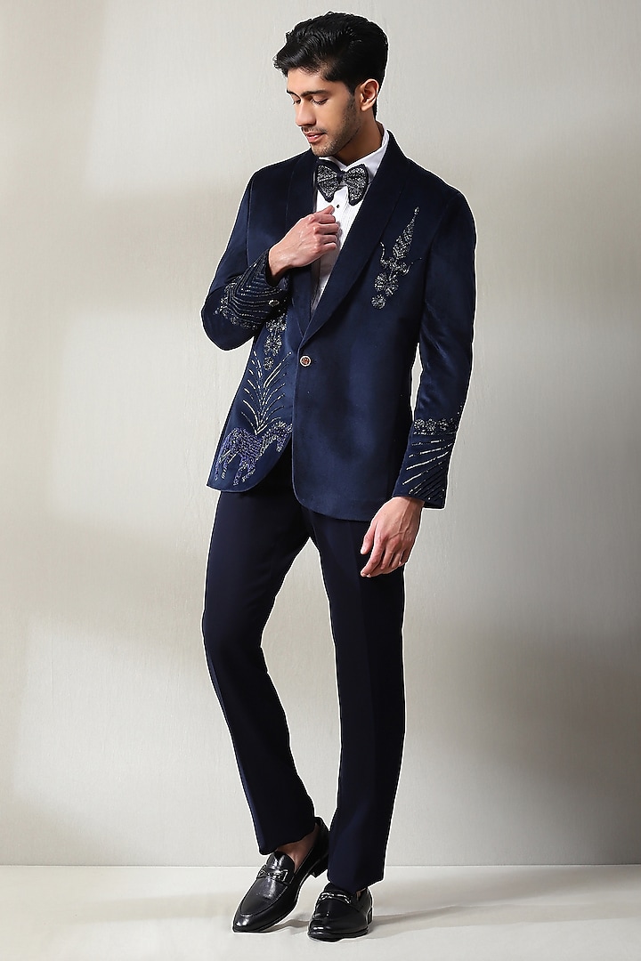 Navy Blue Velvet Silk Handwork Tuxedo Set by Soniya G Men at Pernia's Pop Up Shop