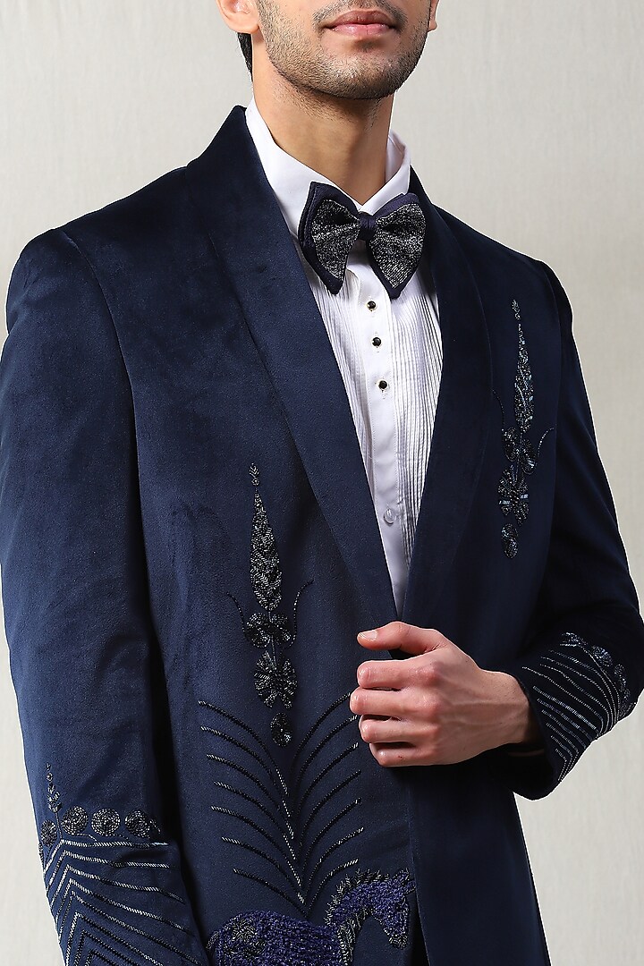 Navy Blue Velvet Silk Handwork Tuxedo Set by Soniya G Men at Pernia's Pop Up Shop