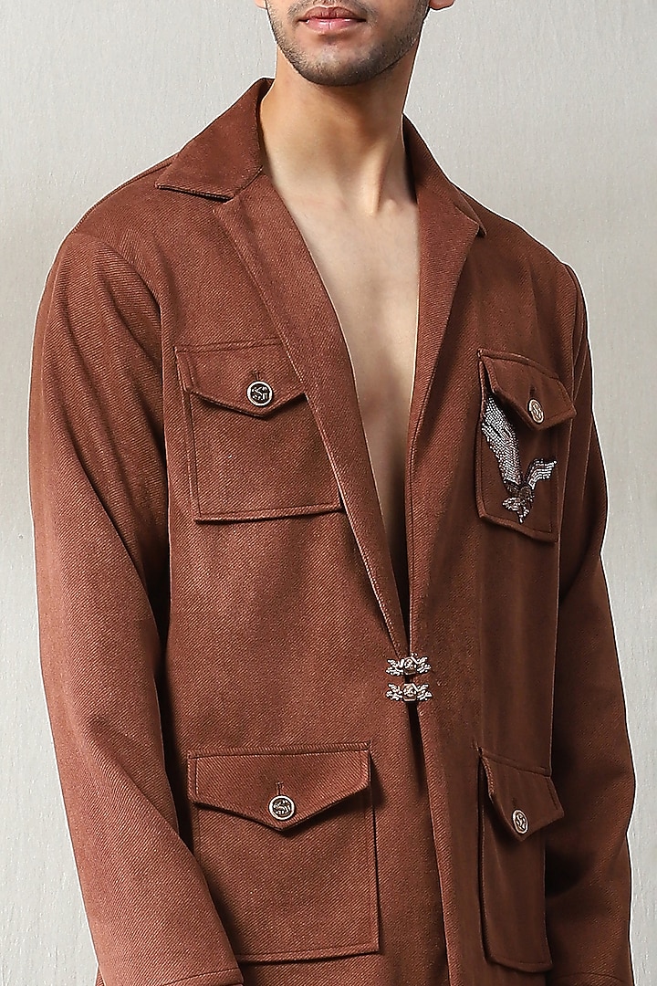 Rust Corduroy Velvet Swarovski Embellished Co-Ord Set by Soniya G Men at Pernia's Pop Up Shop