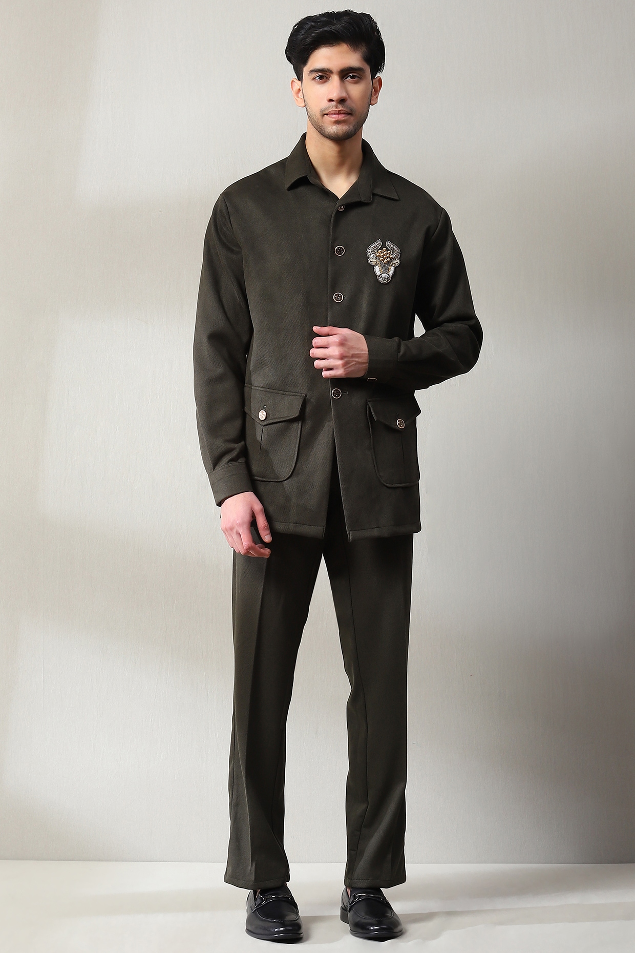 Dark Olive Green Corduroy Velvet Embellished Co-Ord Set by Soniya