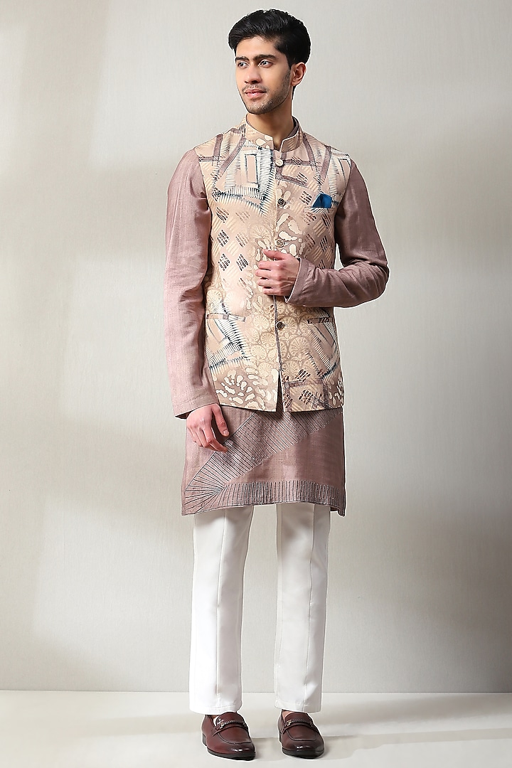Dusky Pink Handloom Embroidered Nehru Jacket Set by Soniya G Men