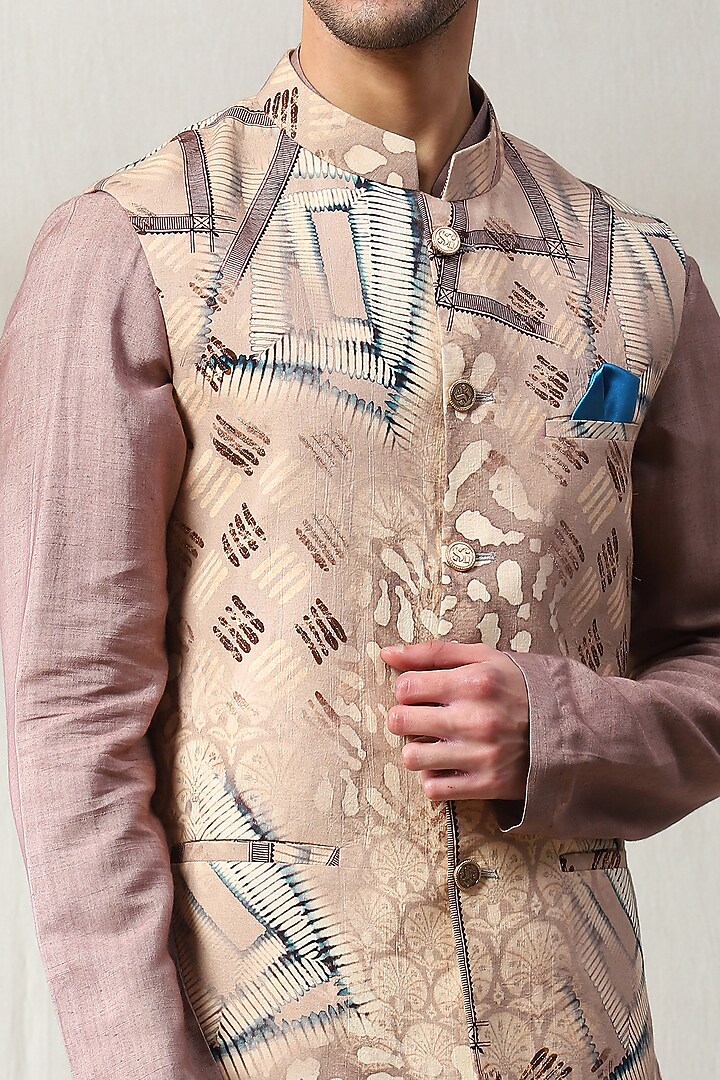 Dusky Pink Handloom Embroidered Nehru Jacket Set by Soniya G Men at Pernia's Pop Up Shop
