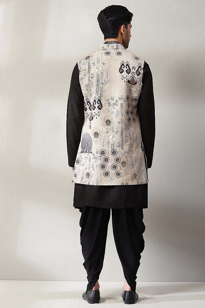 Beige & Black Handloom Aari Embroidered Wedding Indowestern Set by Soniya G Men at Pernia's Pop Up Shop