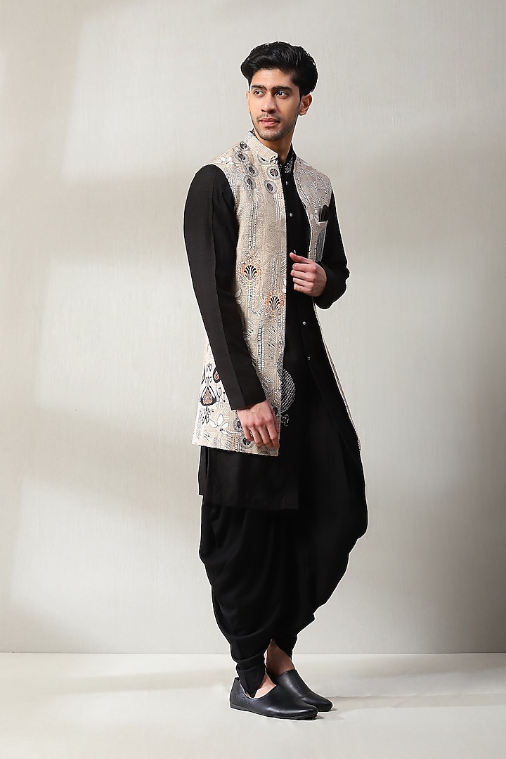 Beige & Black Handloom Aari Embroidered Wedding Indowestern Set by Soniya G Men at Pernia's Pop Up Shop