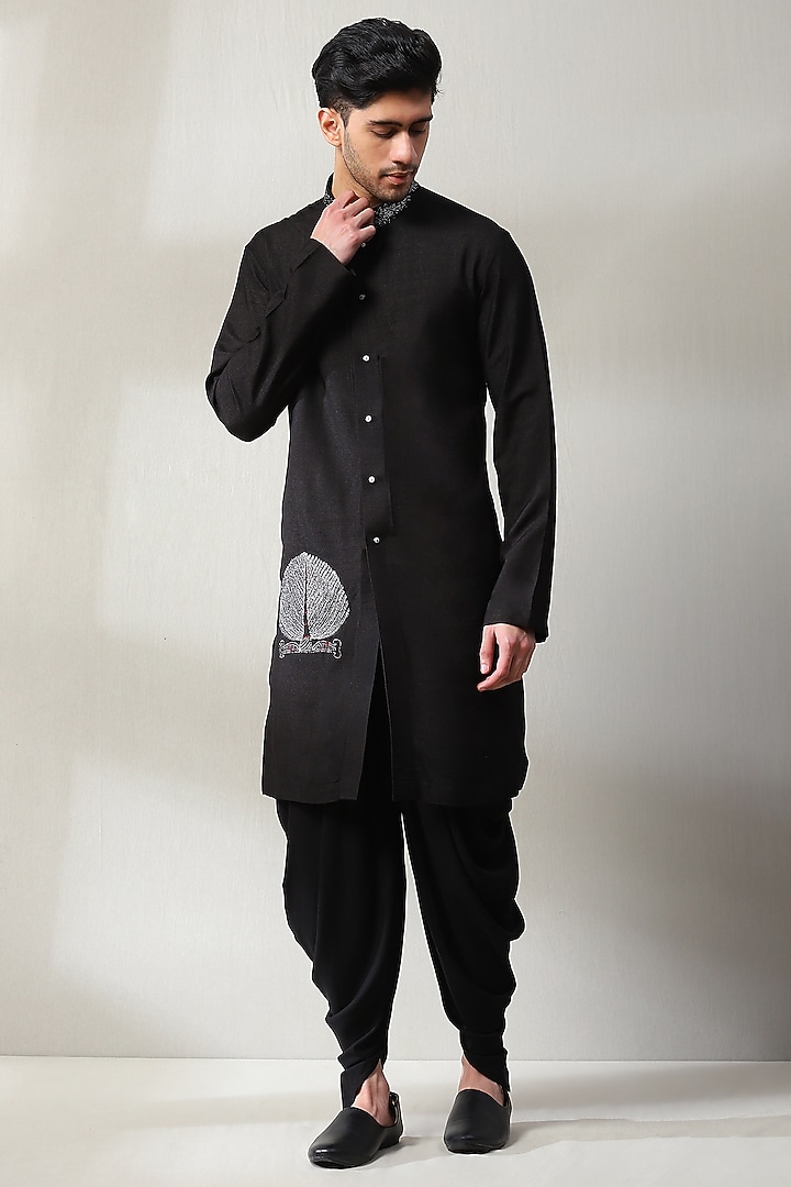 Beige & Black Handloom Aari Embroidered Wedding Indowestern Set by Soniya G Men at Pernia's Pop Up Shop