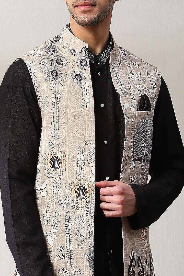 Beige & Black Handloom Aari Embroidered Wedding Indowestern Set by Soniya G Men at Pernia's Pop Up Shop