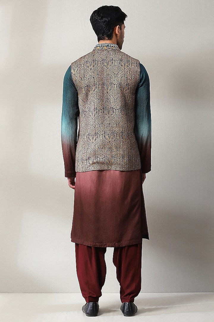 Multi-Colored Handloom Foil Printed Wedding Indowestern Set by Soniya G Men at Pernia's Pop Up Shop